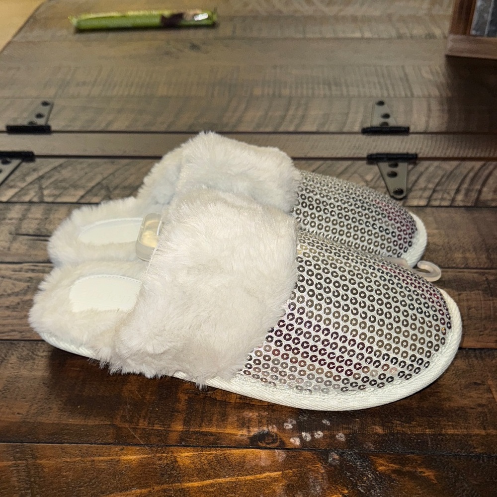 White fur and silver sequin slippers